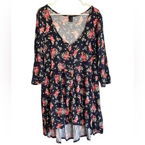 Disney Theme Floral Button Front Tunic Dress Size 2 Navy Pink Roses